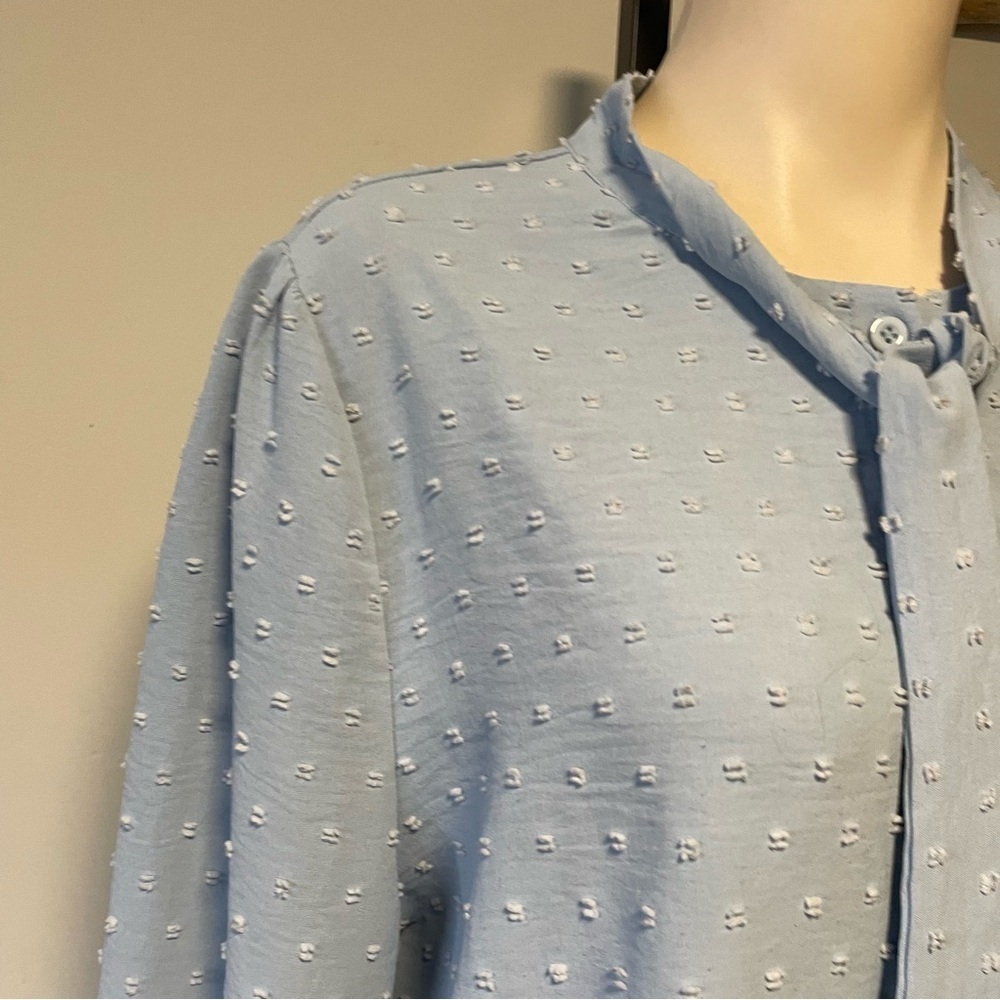 Acevog Swiss Dot Tie Neck Pussybow Button Down Blouse Top Blue Ruffled Size XL - Picture 4 of 6